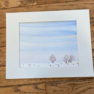 Original watercolour, winter scene, paper with white mat